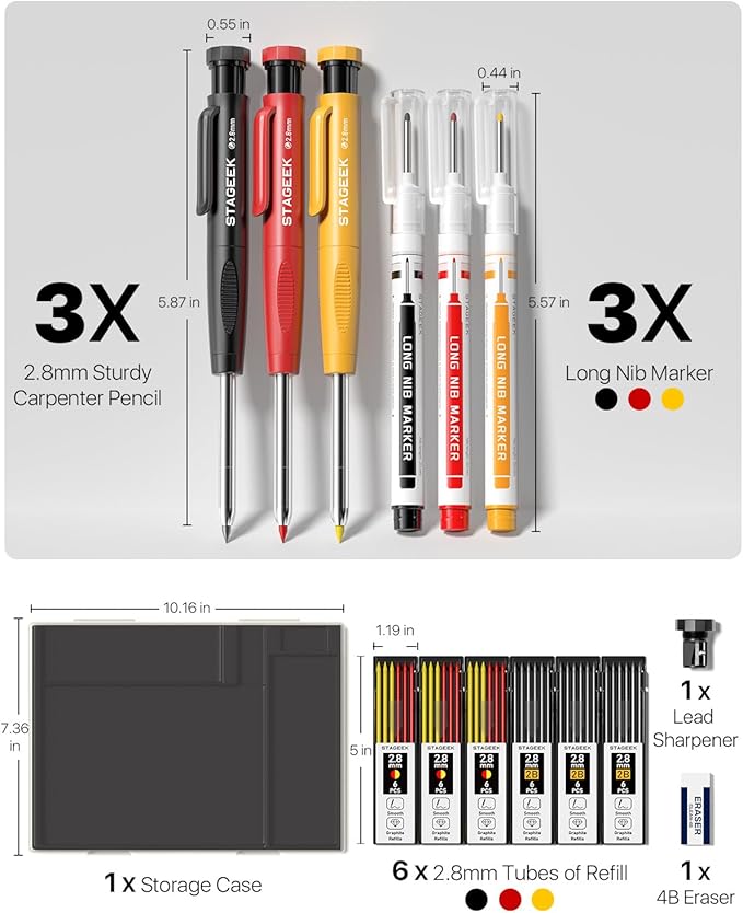 STAGEEK 3PCS Carpenter Pencils with Sharpener, Heavy Duty Woodworking Tools, Mechanical Pencil Set with 39 Refills, Deep Hole Long Nib Marker Pens for Architect Marking with Case (Red, Black, Yellow)