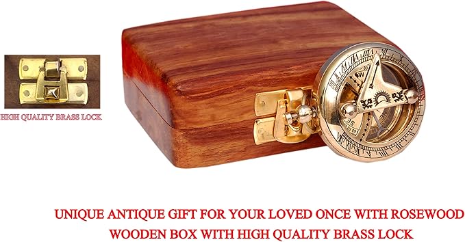 Bazross Brass Nautical Compass with Wooden Case - Antique Brass & Copper Sun Clock for Camping, Hiking, Touring - Engraved Gift for Him - Nautical Clock - Compass Gift