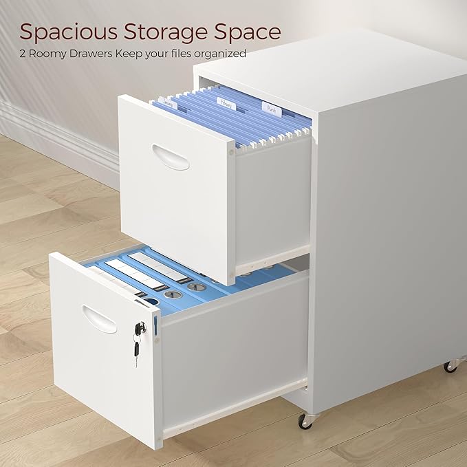 Kubohogar 2 Drawer Mobile File Cabinet with Lock, White Metal Filing Cabinets with Wheels, Vertical Rolling File Cabinet Fit Hanging Files, Letter and A4 Documents