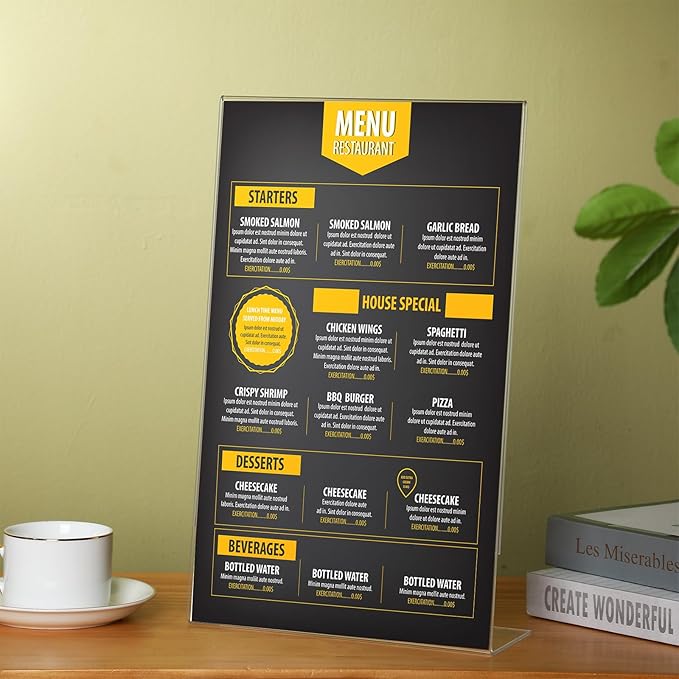 Wenqik 4 Packs 8. 5" x 14" Sign Holders Vertical l Shape Frame Acrylic Document Holder Side Loading Clear Flyer Holder Slanted Desk Paper Display Stand Graphic Poster Shelf for Restaurants Office