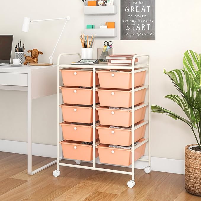 LDAILY 10 Drawer Rolling Cart, Storage Cart Organizer on Wheels, Drawer Cart with Metal Frame & Large Storage Capacity, Rolling Cart with Drawers for Living Room Classroom, Office