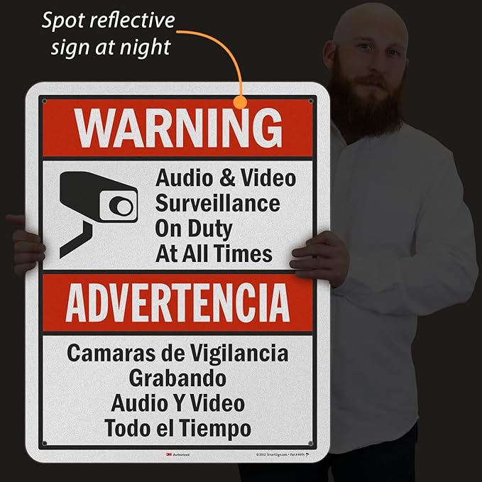 SmartSign 30 x 24 inch “Warning - Audio & Video Surveillance On Duty At All Times” Bilingual Sign, 80 mil Aluminum, 3M Laminated Engineer Grade Reflective Material, Red, Black and White, USA-Made