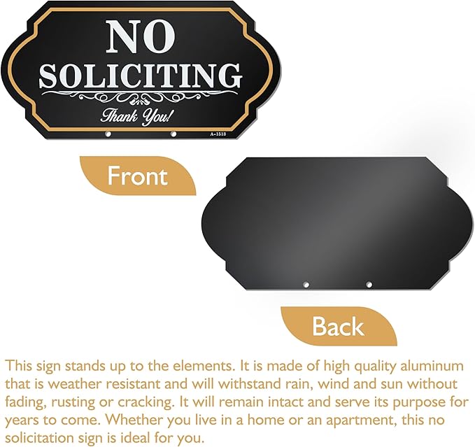 No Soliciting Sign for House with Stake - 40-mil Thick Aluminum - 5x10 Inch/37 Inch High - Adjustable Height - Outdoor Yard Sign for Home and Front Door (A1513)