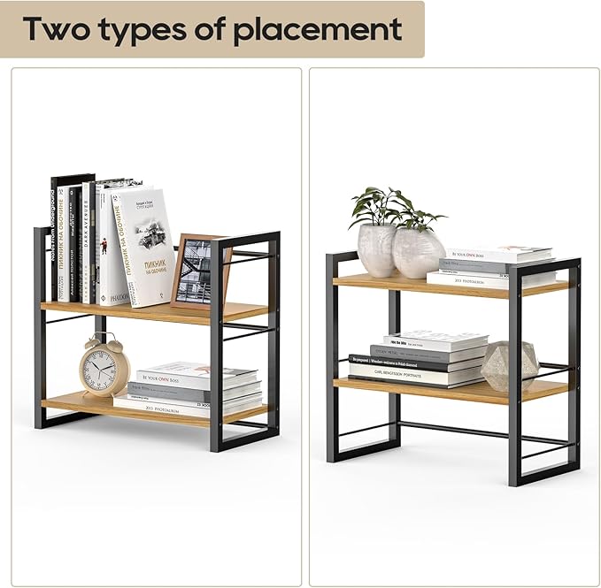 ART-GIFTREE Office Desk Shelf Organizer, Wood Desktop Bookshelf Supplies Storage Rack, Shelf for Top of Desk and Dresser (Black-2 Tier)