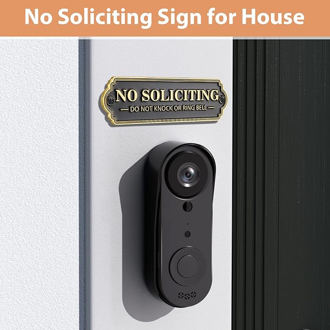 Brass No Soliciting Sign, No Soliciting Sign for House - Solid Brass Wall Plaque Handmade Traditional Home Decor, Elegant No Soliciting Do Not Knock or Ring Bell Sign for Office and Business (Brass No Soliciting Sign Yellow, 5 x 1.6 inches)