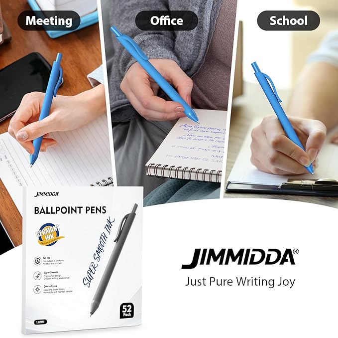 JIMMIDDA 52 Pcs Pens Bulk - 1.0MM Ballpoint Pens Blue Ink | Medium Point Smooth Writing, No Bleed Retractable Ball Point Pen for Office School (Blue - 52Pcs)