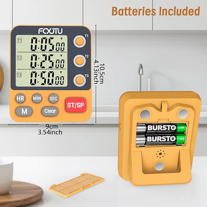 FCXJTU Digital Dual Triple Kitchen Timer, 3-Channel Magnetic Countdown Timer for Cooking, Large Display Stopwatch Multi Food Classroom Timer Loud Alarm for Seniors Teachers Battery Included (Orange)