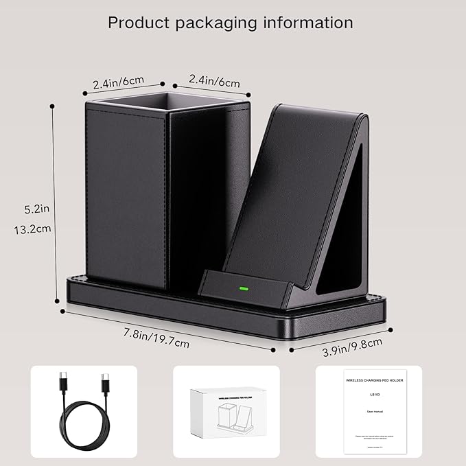 Multi-Functional Pen Holder for Desk,Black Vegan Leather Desk Organizers with Remote Control Holder,Pencil Holder for Desk,Desk Organizer with Phone Wireless Charger for Office/Nightstand/Endtable