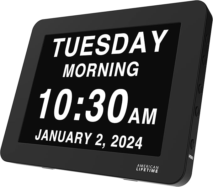 American Lifetime New 2026 Dementia Clock Large Digital Clock for Seniors, Alzeimer Clock Large Display with Custom Alarms, Clock with Day & Date for Elderly, Digital Calendar Premium Black Pro
