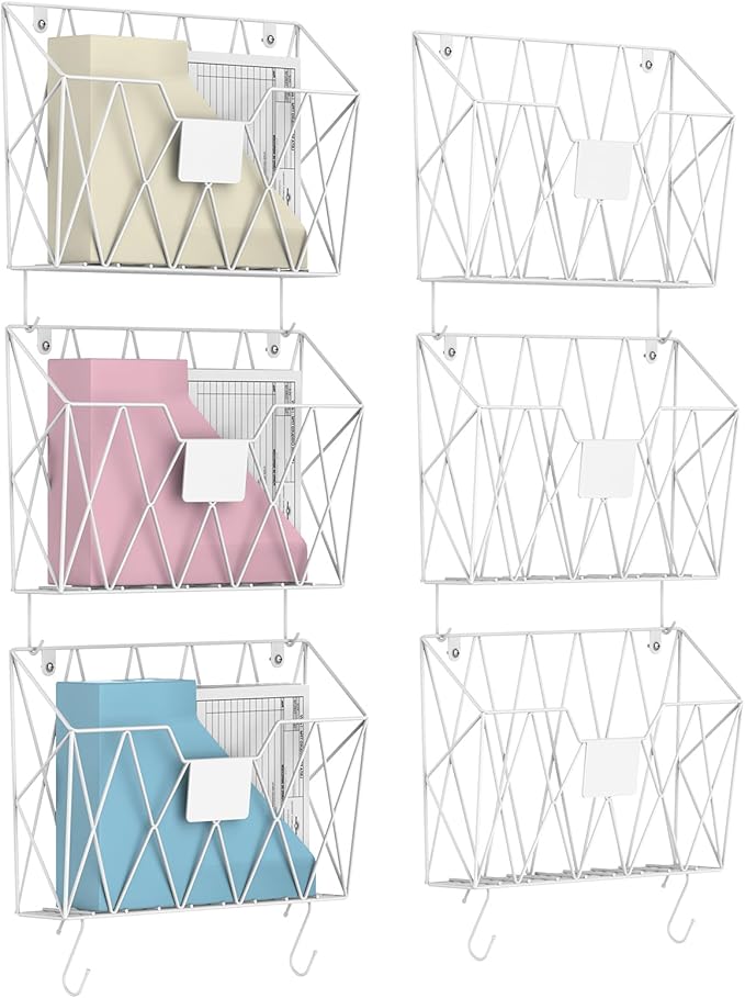 CADUKE 6 Pack Hanging Wall File Organizer Mesh Folder Holder Mail Magazine Organizer Wall Mounted with Hooks & Label Panels for Office Home, White
