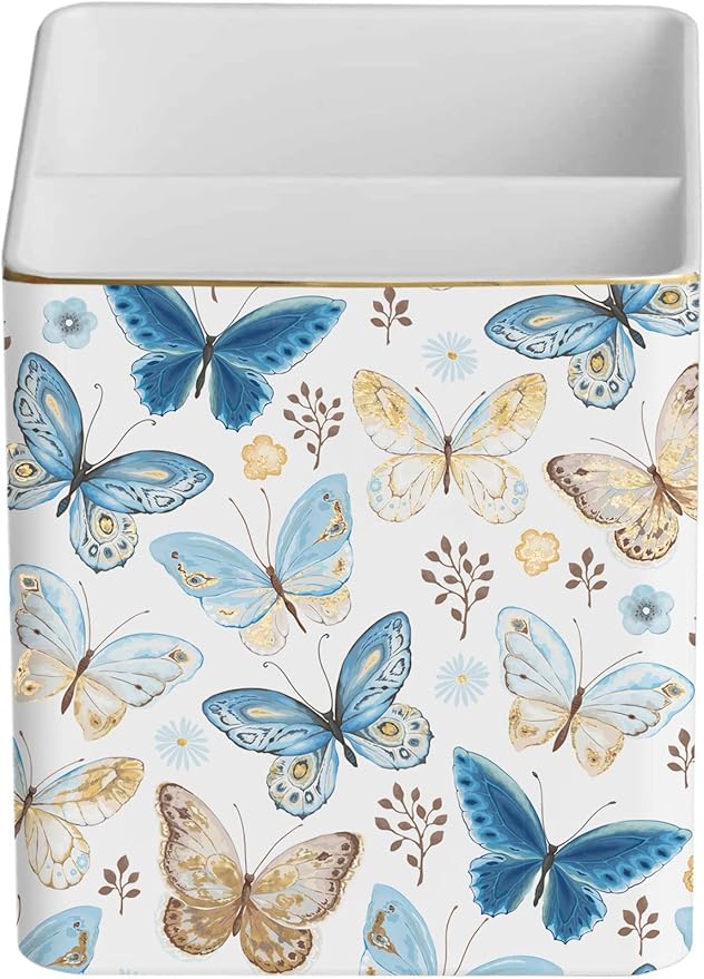 LEAZUL Pen Pencil Holder, Makeup Brush Holder,Ceramic Remote Control Holders Organizer with 2 Compartment Floral Multi-functional Office Organizers Storage Caddy Desk Tv Remote Holders Shiny Butterfly