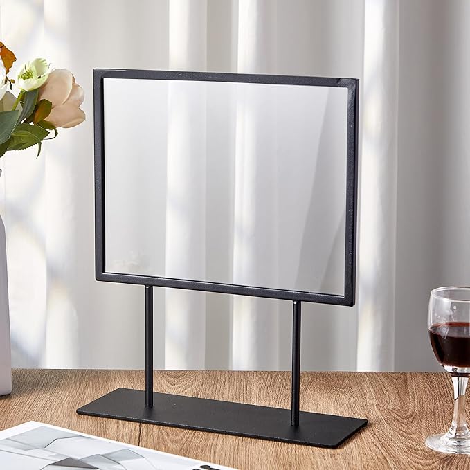 Zhengmy 1 Pcs Tabletop Sign Holder with Flat Base 11" x 8.5" Double Sided Countertop Sign Holder Horizontal Desktop Display Stand Metal Poster Display Stand for Office Store Restaurant Hotels, Black