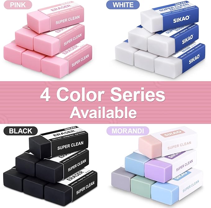 SIKAO Pink Erasers, 6 Pack Block Pencil Erasers – Smudge-Free Latex-Free Cute Erasers for Kids & Girls, School Supplies, Clean Erase for Homework, Journaling & Drawing
