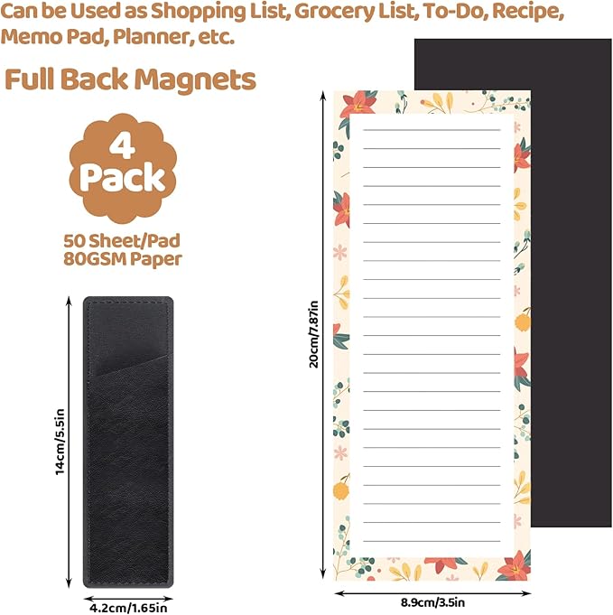 Thboxes 4 Pack Magnetic Note Pad for Fridge with Pen Holder, Totally 200 Sheets Magnetic To Do List, Shopping List, Grocery List, Memo Pads for Refrigerator(Floral Design)