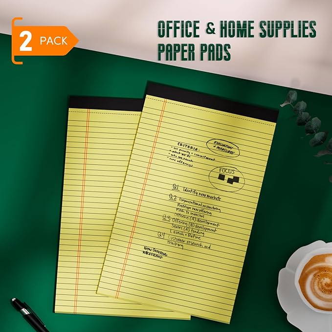 Legal Pads 8.5 x 14 Note Pads, 2 Pack Writing Pads Wide Ruled Notepads, Micro Perforated Yellow Legal Pad 8.5 x 14, Double-Side Printed Lined Paper 30 Sheets Per Note Pads for Home, Office, School