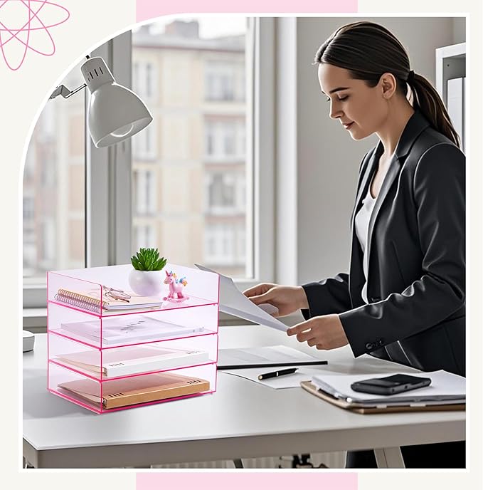 Harloon 4 Tier Acrylic Paper Tray 12.4 x 8.7 x 2.7 Inches Stackable Letter Clear Organizer No Need to Assemble Acrylic Paper Organizer File Tray for Office Workspace Desktop Storage(Transparent Pink)