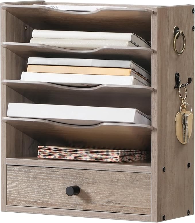 HOOBRO Wall File Organizer, Mail Organizer Wall Mounted, Wooden Mail Sorter, Construction Paper Holder with Drawer Storage and 2 Hooks, for Office, Classroom, Home, Greige BG14WF01