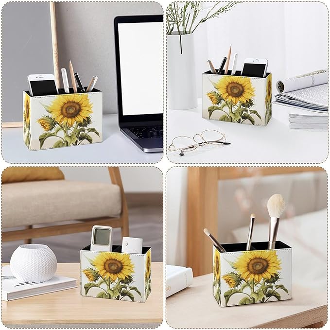 Famame Large Sunflower with Leaves Pencil Holder for Desk, Leather Desktop Container Pen Cup Storage Study Table Pen Organizer Makeup Brush Holder for Classroom Office Home