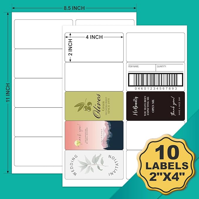 2x4 Labels Sticker Paper - 2500 Address Labels (250 Sheets) for Laser/Inkjet Printer Matte White Blank Labels on 8.5x11 Inch for Mailing, Shipping, and Organizing