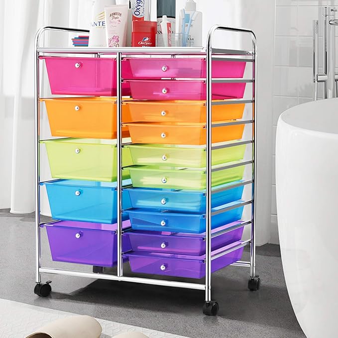 GOFLAME 15-Drawer Rolling Storage Cart, Craft Storage Cart with Removable Drawers & Lockable Wheels, Art Cart Supply Storage Organizer for Home Office Classroom, Rainbow