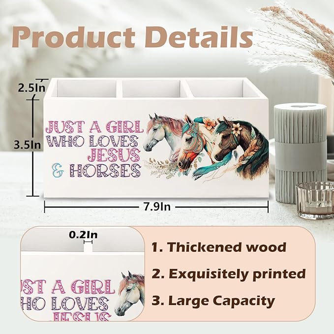 URLLUAE Horse Gifts for Girls Women Wooden Pen Pencil Holder for Office Desk Accessories, Western Cowgirl Gifts, Just a Girl Who Loves Jesus and Horse Makeup Brush Toothbrush Holder Organizer