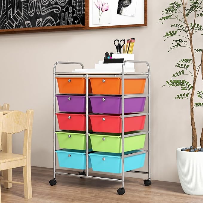 GOFLAME 10-Drawer Rolling Storage Cart, Art Craft Storage Organizer on Wheels, Multipurpose Movable Utility Cart for School, Office and Home, Multicolor