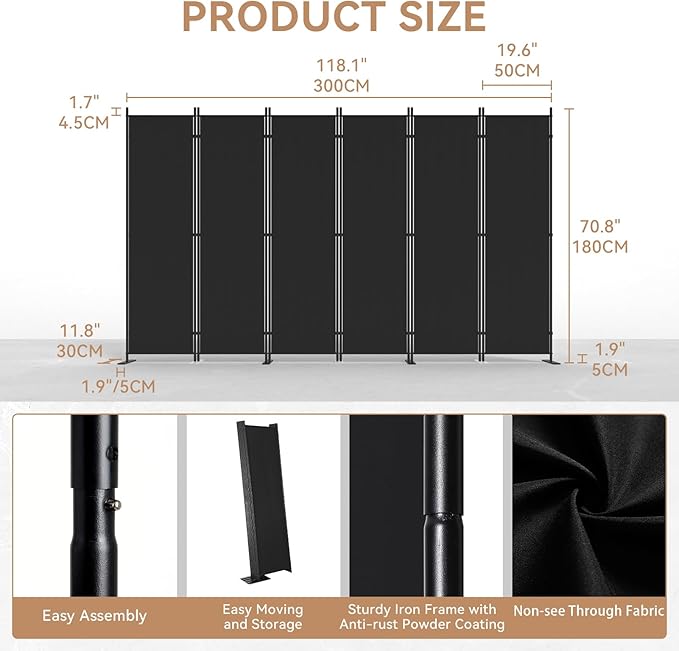 C-Hopetree 6 Panels Room Divider, 6 Ft Tall Indoor Folding Privacy Screen, Portable Partition Separator, Freestanding Separation Temporary Wall for Office, Bedroom, 120" W X 71" H, Black