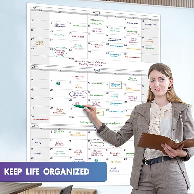 Dry Erase Vertical Three Month Laminated jumbo Wall Calendar, 46 x 63, Huge quarterly Laminated Erasable White Board, Giant 90 day Family Whiteboard Schedule Planner, Large Multi Month Reusable