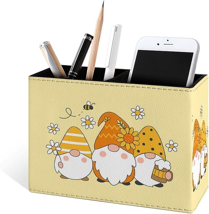 Famame Cute Sunflower Bee Gnomes Pencil Holder for Desk, Leather Desktop Container Pen Cup Storage Study Table Pen Organizer Makeup Brushes Holder for Office Home