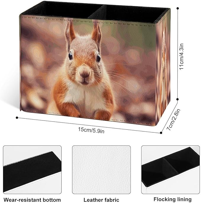 Famame Autumn Fall Squirrel Pencil Holder for Desk, Leather Desktop Container Pen Cup Storage Study Table Pen Organizer Makeup Brush Holder for Classroom Office Home