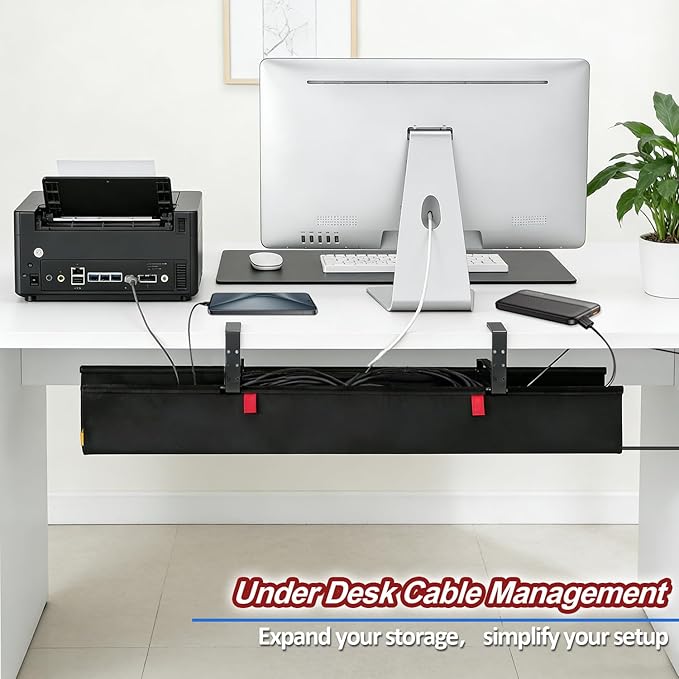 Under Desk Cable Management Tray, 36" Cord Organizer for Table, Clamp/Screw Mount Desk Cable Management, Premium Fabric Cable Management Tray for Office, Home