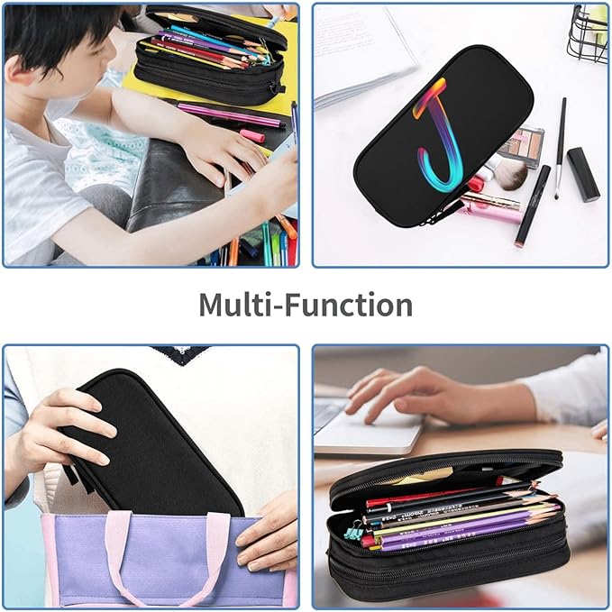 Pazacon Cute Initial Pencil Case for Kids Students, Large Capacity Pencil Pouch for Boys Girls, Letter Design Pencil Box Pen Bag Office Stationery Organizer, Rainbow Letter J