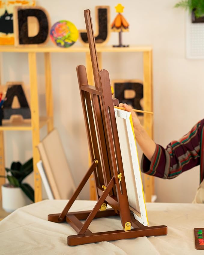 DJAR H- Frame Tabletop Painting Easel, Adjustable Solid Beech Wood Desktop Art Easel, Hold Canvas Up to 27.5", Assembly-Free Art Stand for Artist, Student, Walnut