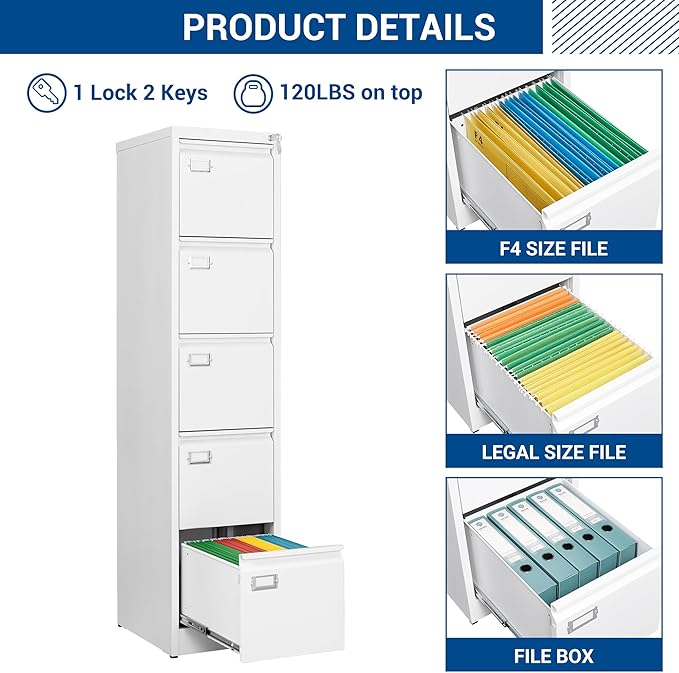 Fesbos File Cabinets - 5 Drawers Vertical 17.8" Deep Lockable Filing Cabinet - White Metal Storage Cabinets for Home Office to Hanging Files Letter/Legal/F4/A4 Size