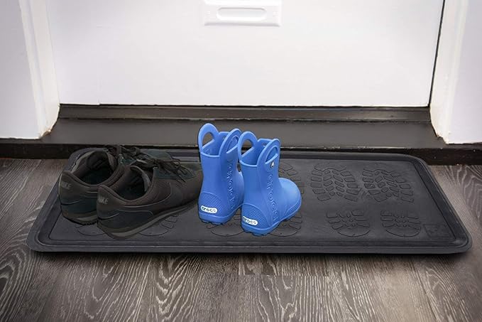 Envelor Rubber Boot Tray for Entryway Indoor Shoe Trays for Mudroom Wet Shoe Mat Tray Multiuse Rubber Water Tray Mud Mat Winter Boot Mat Large Utility Tray, Footsteps, 32 x 16 Inch, 2 Pack