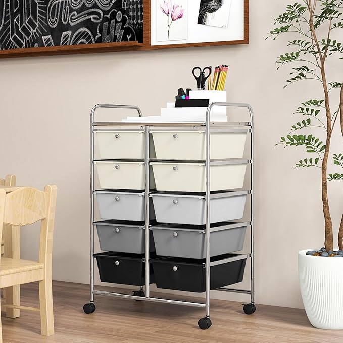 GOFLAME 10-Drawer Rolling Storage Cart, Art Craft Storage Organizer on Wheels, Multipurpose Movable Utility Cart for School, Office and Home, Grey Gradient