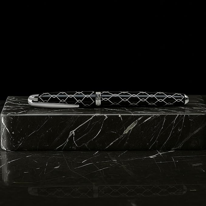 Webson Gill ‘The Weaver’ Black Luxury Executive Fountain Pen, Polished Lacquer & Chrome, Medium Nib, Smudge Free No Bleed, Use Any Fountain Ink w/Included Converter, Fits Cartridges (sold separately)