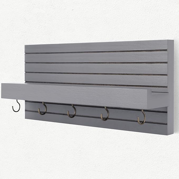 Lwenki Decorative Key Holder for Wall with Shelf, Entryway Shelf with Hooks Holds Leashes, Jackets and Glasses – Sturdy Wood Keyholder Entrance Hanger with Mounting Hardware (Gray, Medium)