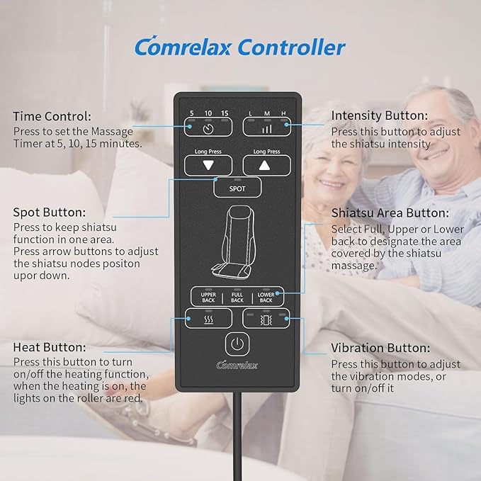 comrelax Shiatsu Back Massager with Heat, Massage Chair Pad Seat Cushion for Stress Relief, Deep Tissue Kneading & Roller, 2 Vibration Motors, Back Waist Hip Massager, PU Leather, with 2 Adapters
