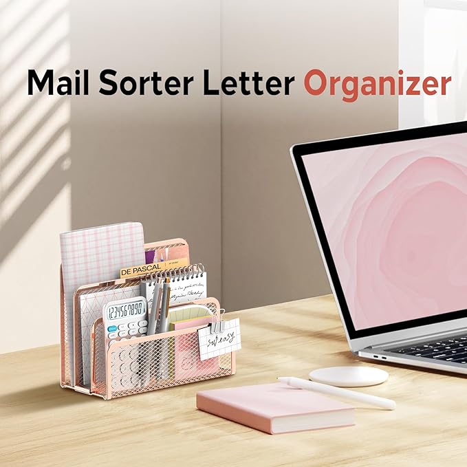 SUPEASY Mail Organizer for Desk, Mesh Metal Mail Holder Countertop with 3-Slot, Letter Sorter File Holder, Office Envelope Organizer for Mails (Rose Gold)