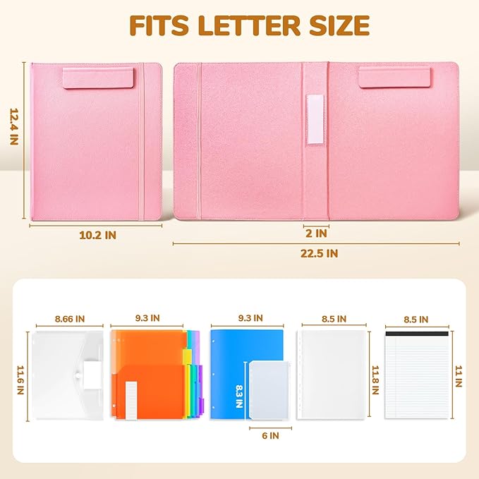 JoyCat 3 Ring Binder Clipboard with Storage,12.4"x10.2"Magnetic Clipboard Folder with 5 Expandable Folders,Refillable Lined Notepad (11" x 8.5"),Ideal for School Office Nursing(Pink)