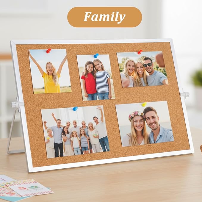1 Pcs 11.81"×15.74" Cork Bulletin Board, Double Sided Pin with Silver Aluminum Border, Small Desktop Cork Board with Stand for Home, Office, School, Desk Message or Picture