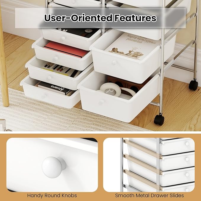 Giantex 15 Drawer Rolling Cart with Drawers, Storage Organizer Cart for Classroom Office School Teacher, Mobile Drawer Cart for Tools, Crafts, Small Printer, Ivory