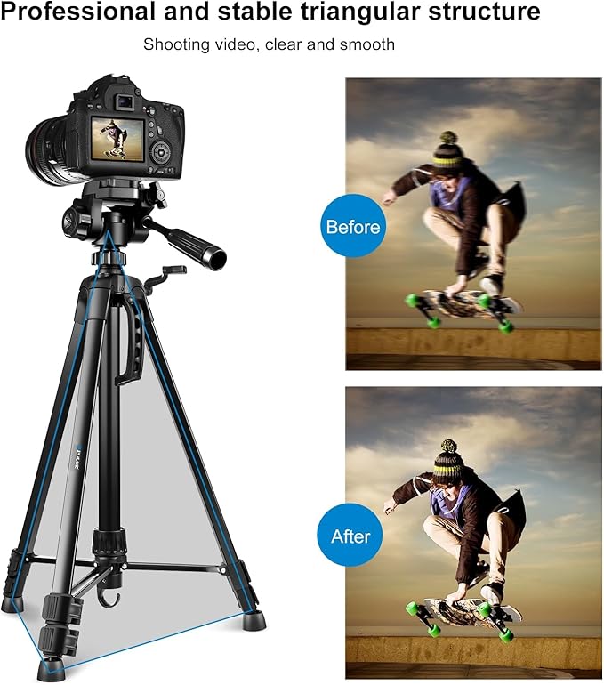 PULUZ Camera Tripod, 55"/139cm Lightweight Portable Travel Outdoor DSLR Tripods for Camera Phone Video Recording Tripod Stand, Cellphone Clip for Smartphone Live Streaming Vlog