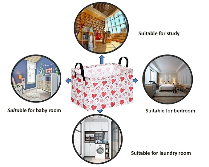 FUULOXE Rectangular Valentines Basket Storage Bin for Shelves Girls Gifts Baskets Foldable Box with Handles for Home Office Car Dormroom Valentine's Day Party Supplies