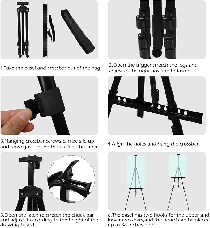 RRFTOK Easel Stand for Sign and Painting - Metal Tripod Adjustable Art Easels for Display Canvases Height from 17 to 66 Inch - Carry Bag for Table-Top/Floor Drawing and Displaying with Black