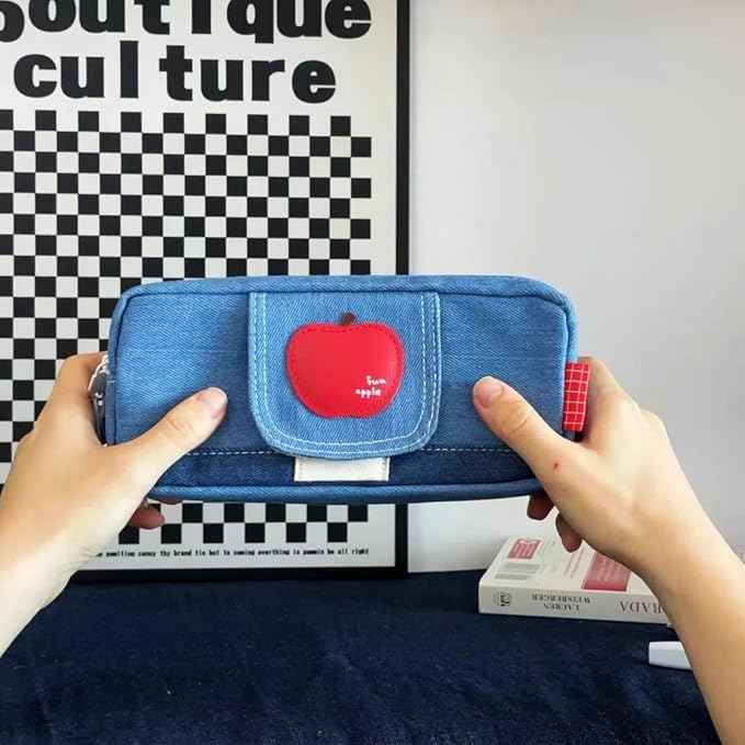 Haumei Canvas Pencil Case Large Capacity, Big Denim Pen Pouch with Zipper, Cute Durable Portable Stationary Storage Bag Organizer for Adults Women, Light Blue, Apple