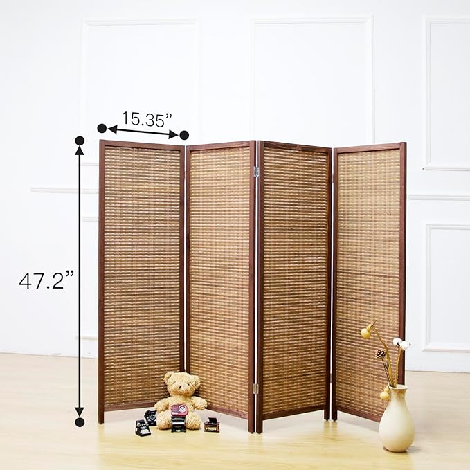 Furnnylane 4 Panel Short Room Divider Screen,Brown Freestanding Partition,Small Bamboo Panel Divider for Room Seperation,3.95 FT Tall
