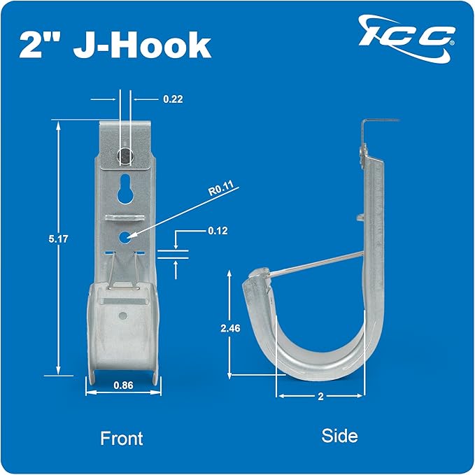 ICC Ceiling Mount J Hook 2” with Retainer Clip - Galvanized Steel Cable Management Hooks for Hanging Cable - Rust-Resistant, EIA and TIA Compliant - 2 Inch 25-Pack