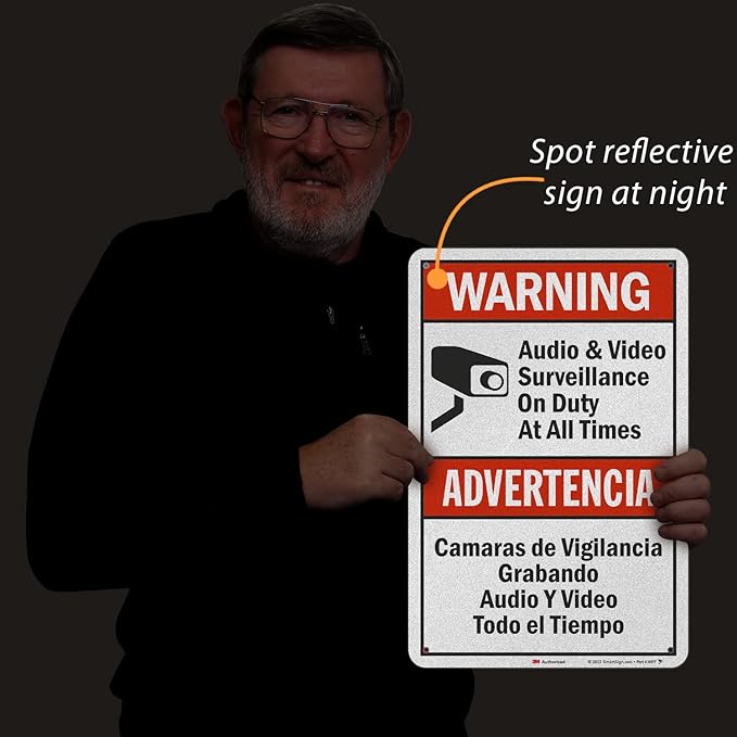 SmartSign 18 x 12 inch “Warning - Audio & Video Surveillance On Duty At All Times” Bilingual Sign, 63 mil Aluminum, 3M Laminated Engineer Grade Reflective Material, Red, Black and White, USA-Made